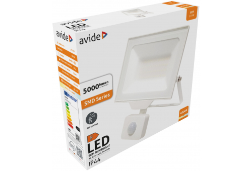 Avide LED Frosted Flood Light Slim SMD 50W NW 4000K PIR White