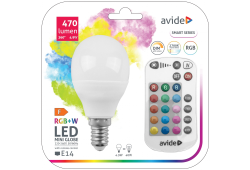 Bec LED Smart Mini Globe 4.9W RGB+W cu telecomandă IR Avide